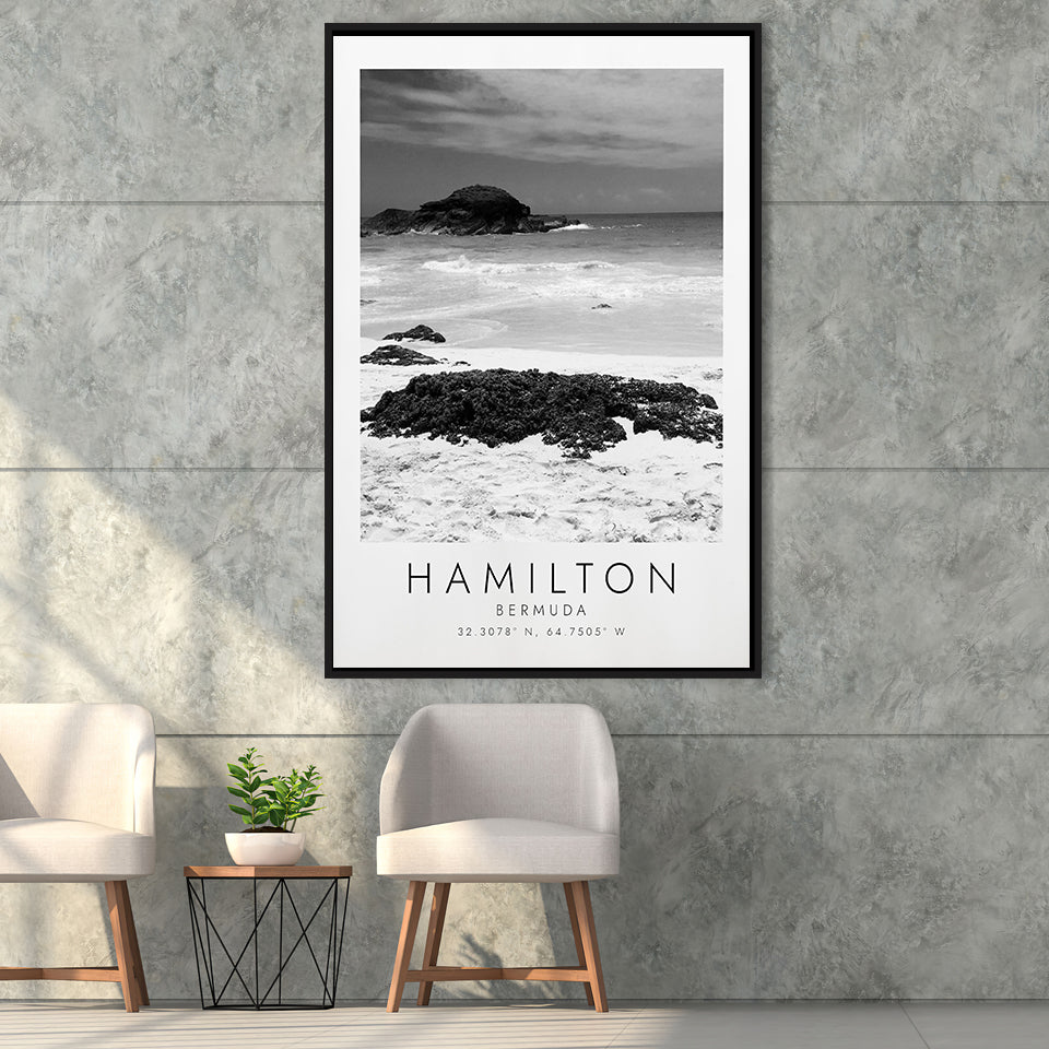 Hamilton, Bermuda Black And White Art Framed Canvas Prints Wall Art Home Decor, Floating Frame