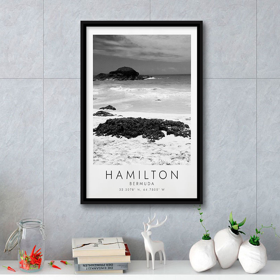 Hamilton, Bermuda Black And White Art Framed Canvas Prints Wall Art Home Decor, Floating Frame