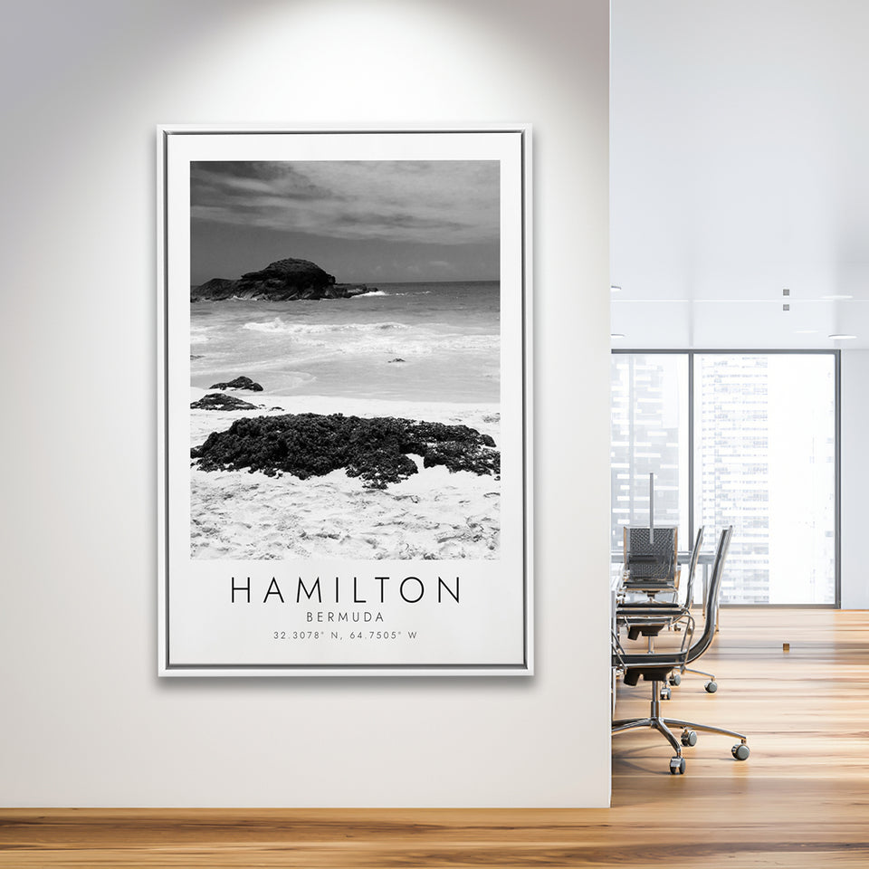 Hamilton, Bermuda Black And White Art Framed Canvas Prints Wall Art Home Decor, Floating Frame