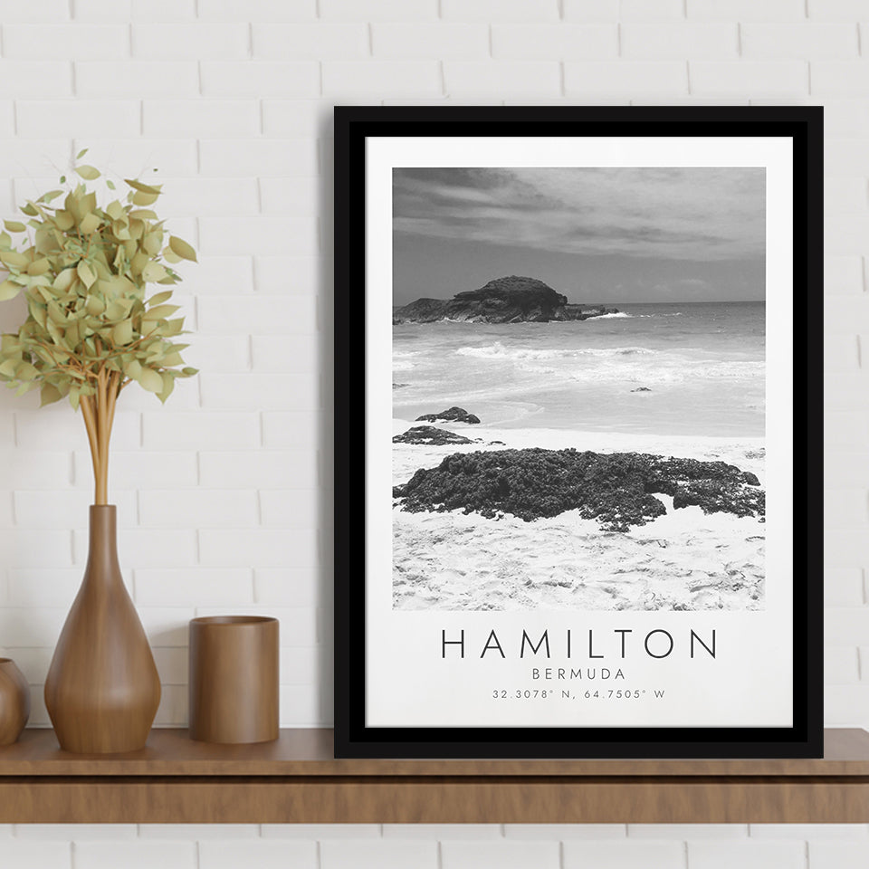 Hamilton, Bermuda Black And White Art Framed Canvas Prints Wall Art Home Decor, Floating Frame