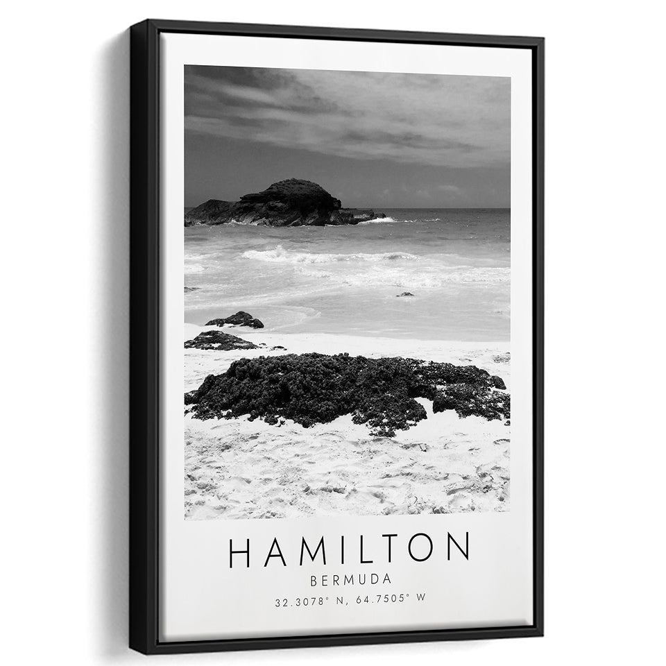Hamilton, Bermuda Black And White Art Framed Canvas Prints Wall Art Home Decor, Floating Frame