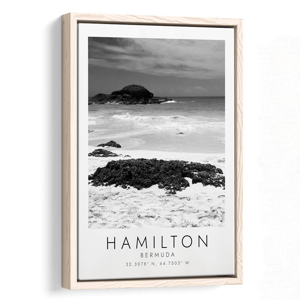 Hamilton, Bermuda Black And White Art Framed Canvas Prints Wall Art Home Decor, Floating Frame
