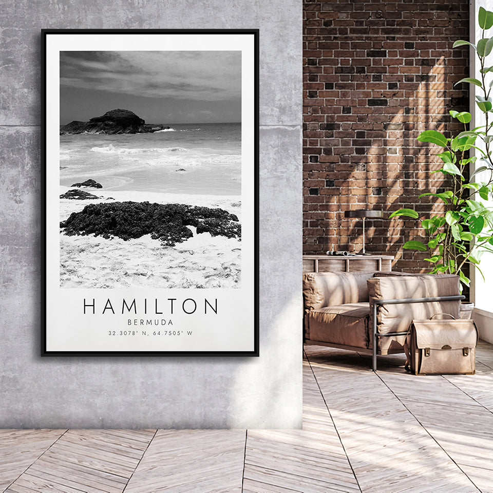 Hamilton, Bermuda Black And White Art Framed Canvas Prints Wall Art Home Decor, Floating Frame
