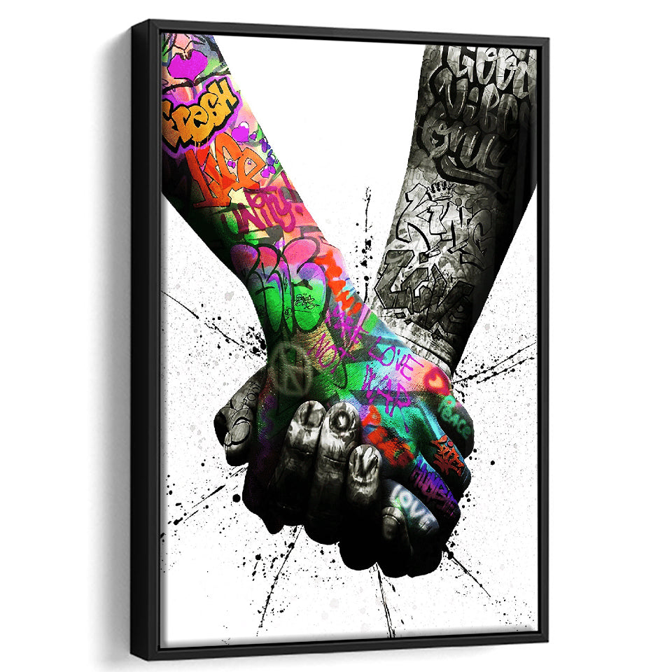 Hand In Hand Graffitistreet Art Framed Canvas Prints Wall Art Decor - Painting Canvas, Floating Frame, Framed Picture