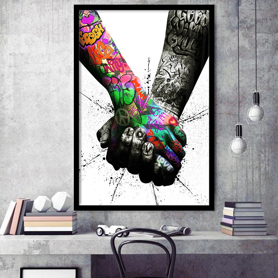 Hand In Hand Graffitistreet Art Framed Art Print Wall Decor - Painting Art, Wall Art, Framed Picture, Black Frame