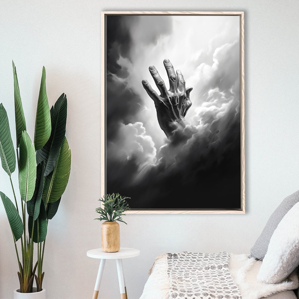 Hand Of God Black And White,Framed Canvas Prints,Floating Frame, Wall Art Home Decor