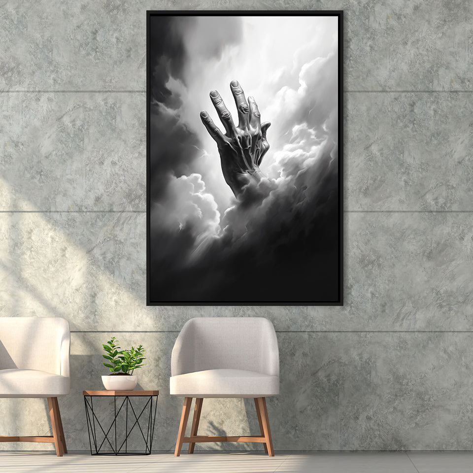 Hand Of God Black And White,Framed Canvas Prints,Floating Frame, Wall Art Home Decor