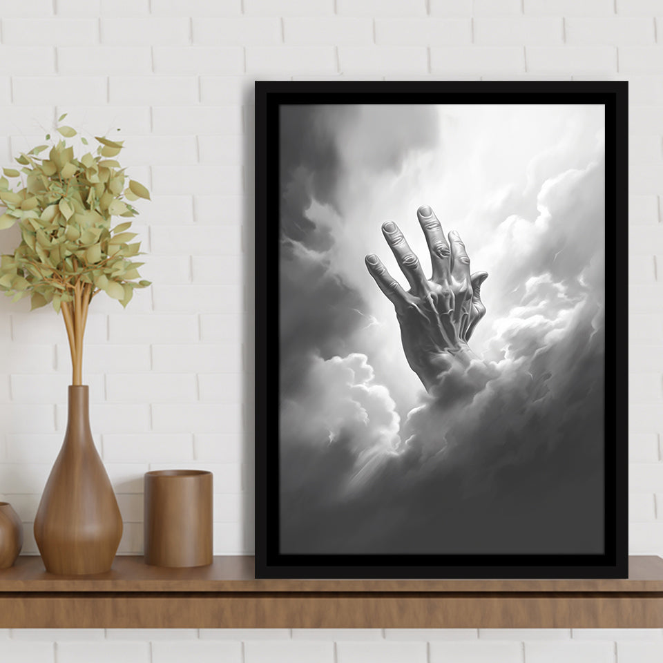 Hand Of God Black And White,Framed Canvas Prints,Floating Frame, Wall Art Home Decor
