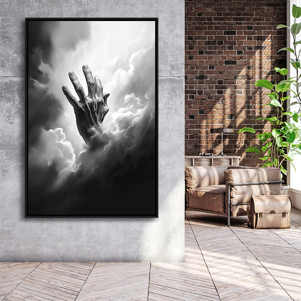 Hand Of God Black And White,Framed Canvas Prints,Floating Frame, Wall Art Home Decor