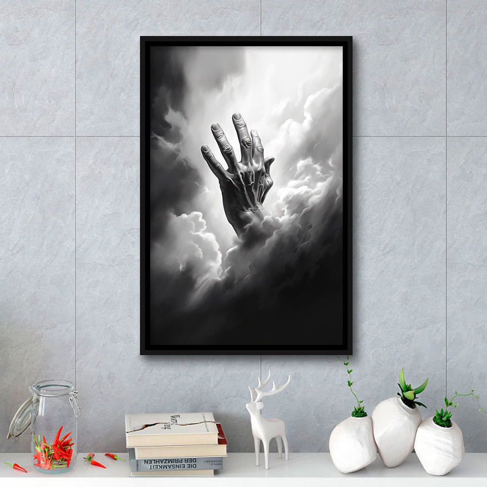 Hand Of God Black And White,Framed Canvas Prints,Floating Frame, Wall Art Home Decor