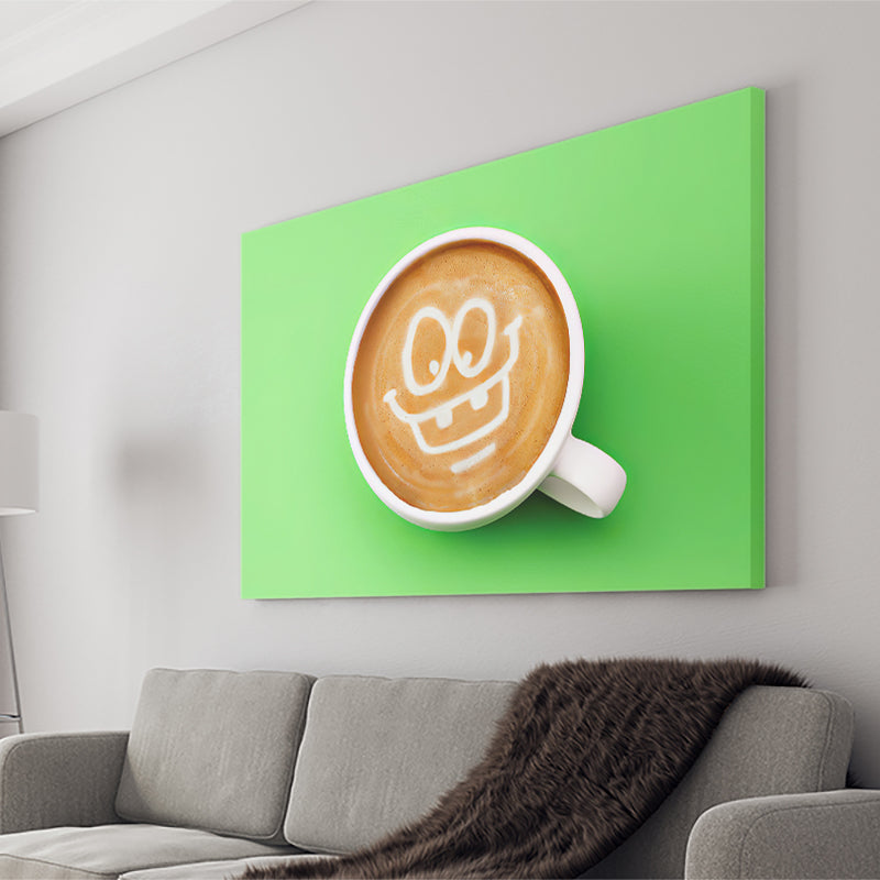 Happy Coffee On Green Background Canvas Wall Art - Canvas Prints, Prints for Sale, Canvas Painting, Canvas On Sale