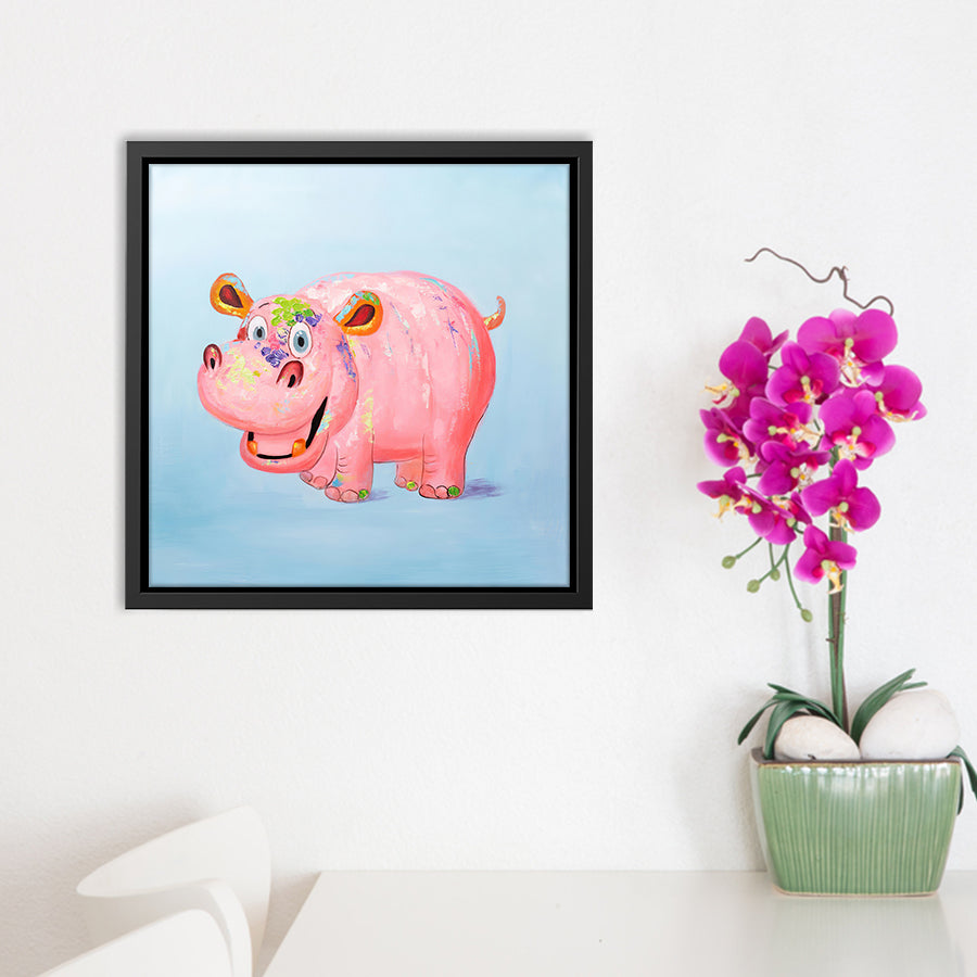 Canvas Wall Art | Happy Hippopotamus - Animal Art, Framed Canvas, Painting Canvas