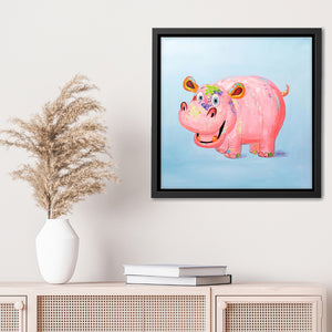 Canvas Wall Art | Happy Hippopotamus - Animal Art, Framed Canvas, Painting Canvas