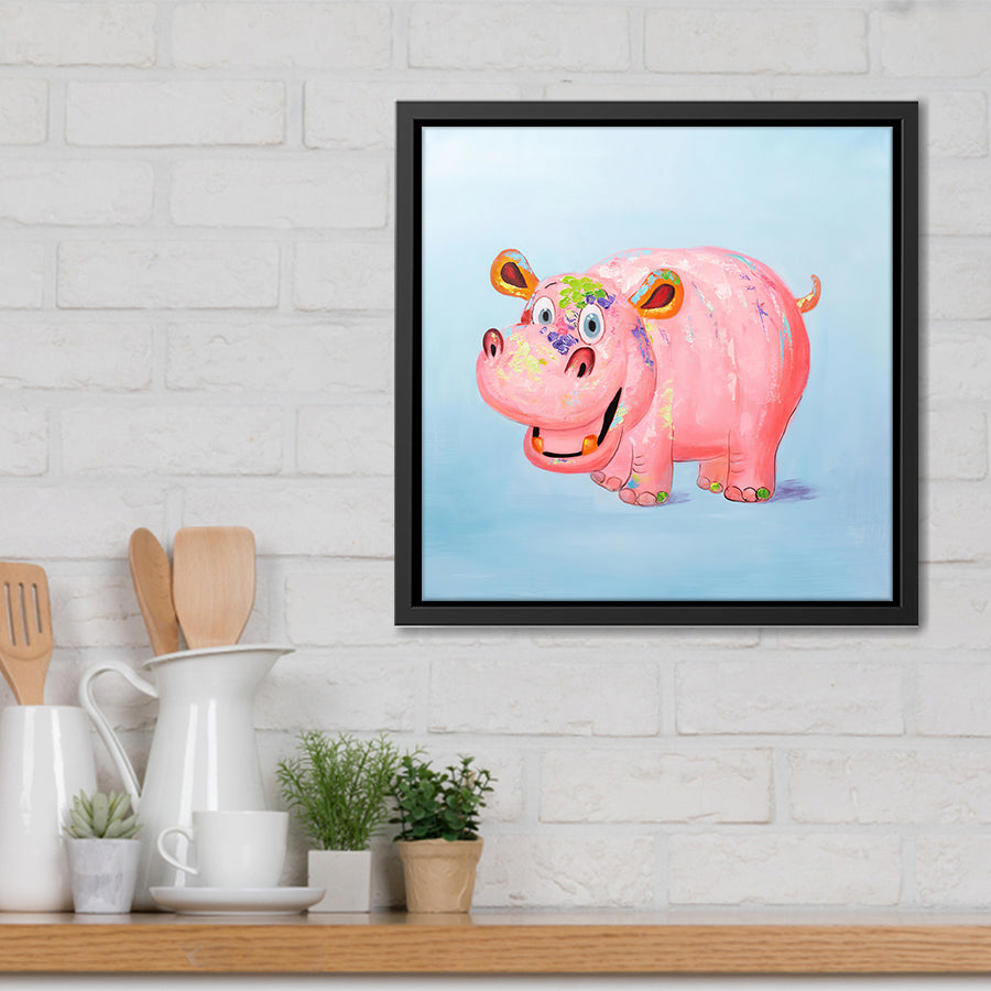 Canvas Wall Art | Happy Hippopotamus - Animal Art, Framed Canvas, Painting Canvas