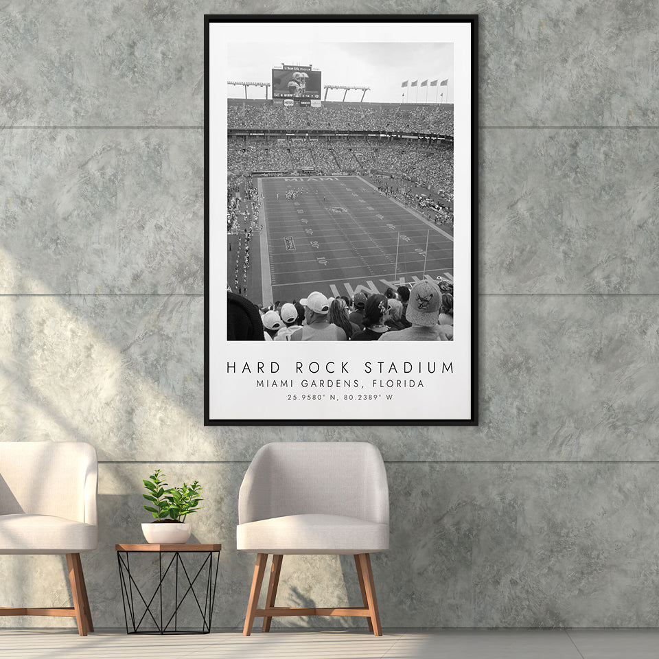 Hard Rock Stadium Miami Dolphins Football Lovers Black And White Art Framed Canvas Prints Wall Art Home Decor, Floating Frame