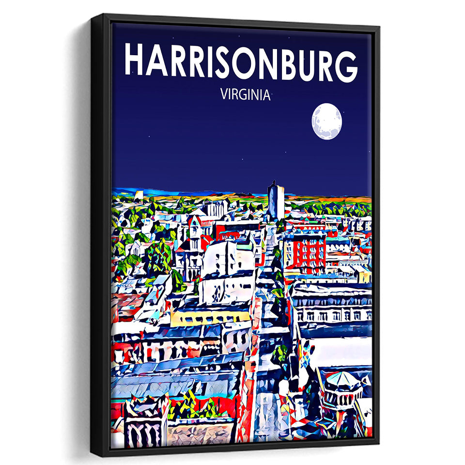 Harrisonburg Virginia Art Night Landscape, Large Canvas, Framed Canvas Print Wall Art Home Decor, Floating Frame