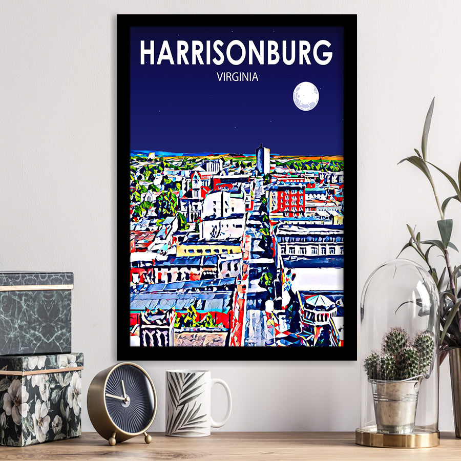 Harrisonburg Virginia Art Night Landscape, City Art Print, Framed Art Print Wall Art Home Decor, Framed Picture