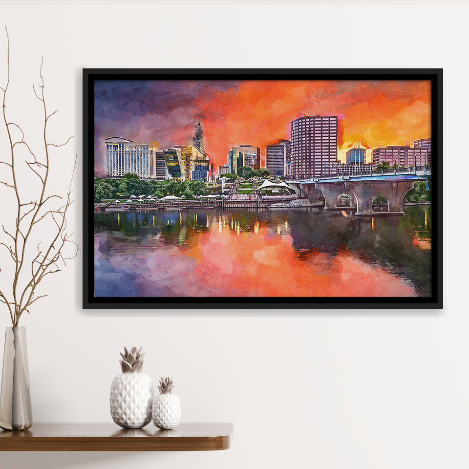 Hartford Connecticut Usa Downtown Skyline City Art Watercolor Framed Canvas Prints Wall Art Home Decor,Floating Frame
