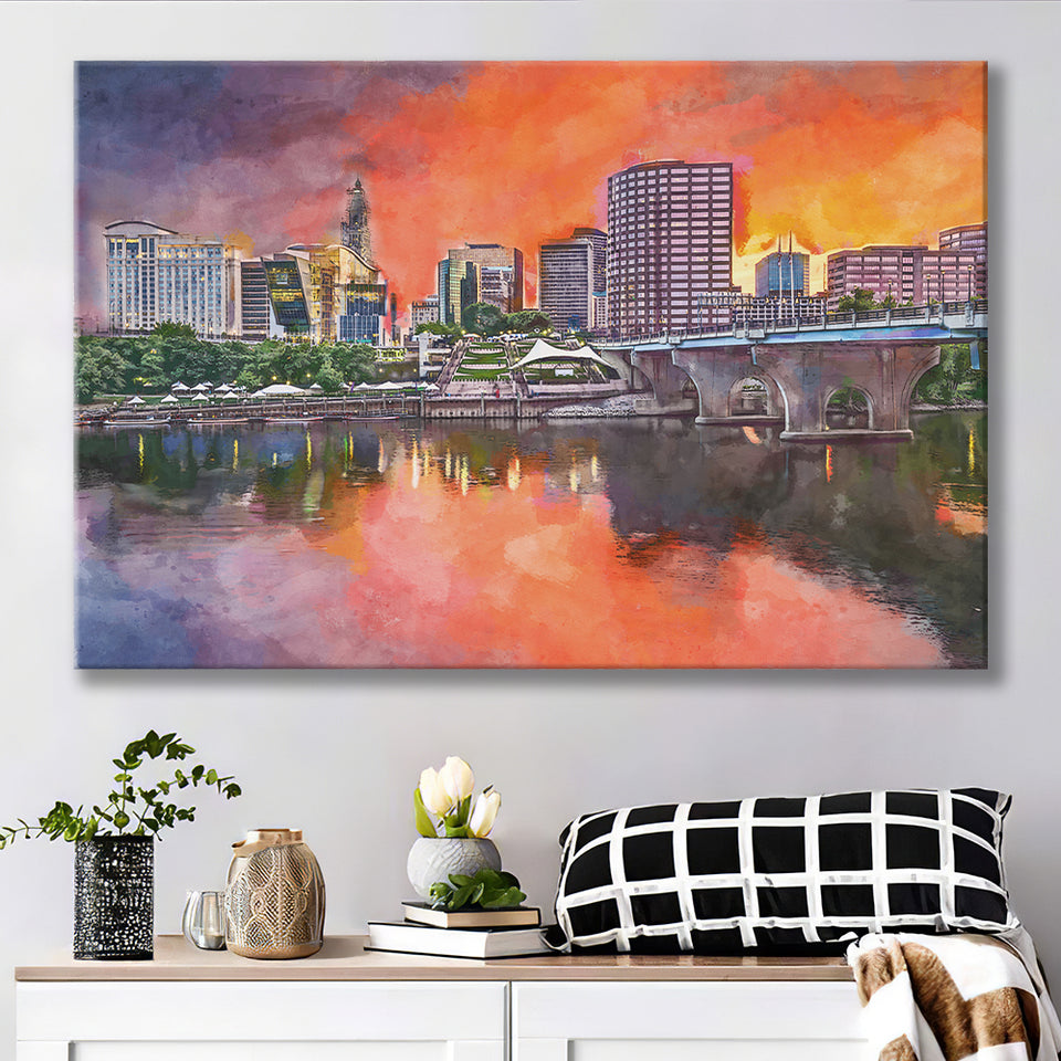Hartford Connecticut Usa Downtown Skyline City Art Watercolor Canvas Prints Wall Art Home Decor, Large Canvas