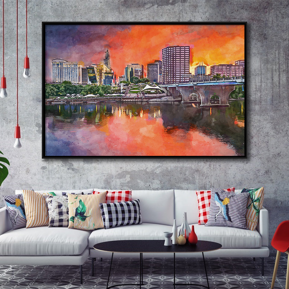 Hartford Connecticut Usa Downtown Skyline City Art Watercolor Framed Canvas Prints Wall Art Home Decor,Floating Frame