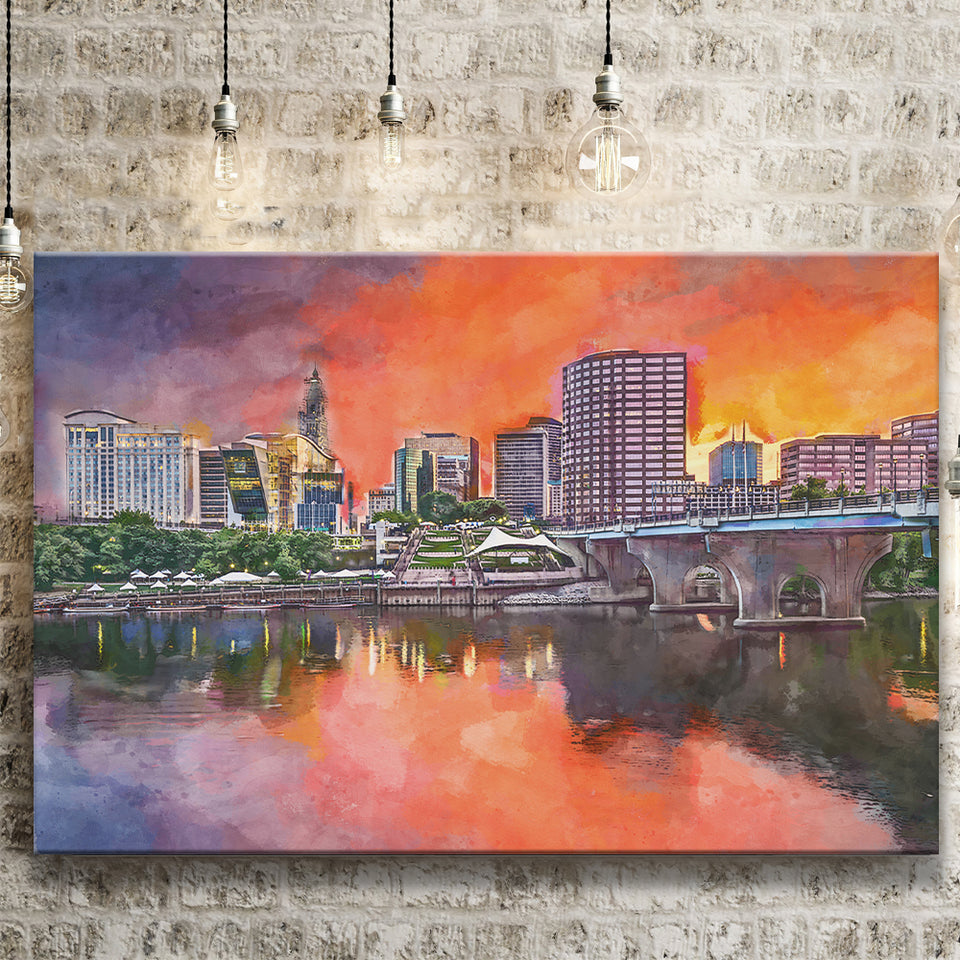 Hartford Connecticut Usa Downtown Skyline City Art Watercolor Canvas Prints Wall Art Home Decor, Large Canvas
