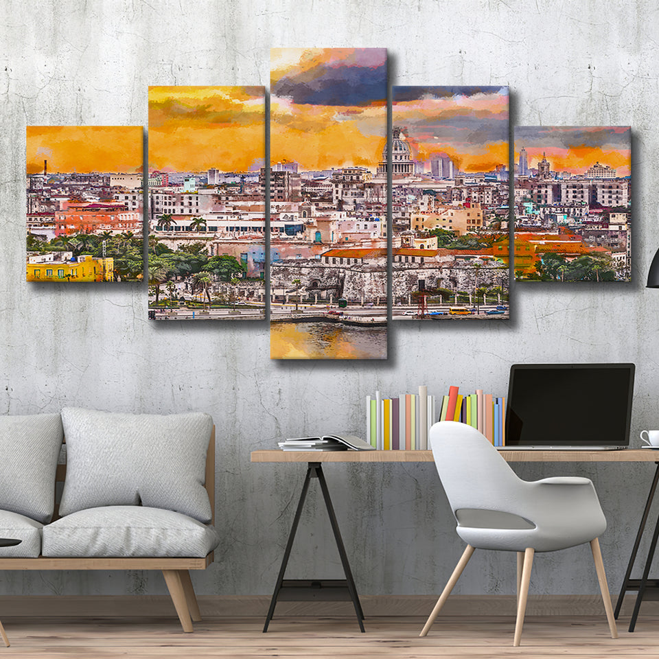 Havana Cuba Downtown Skyline Dusk 5 Pieces Mixed Canvas Prints Wall Art Home Decor