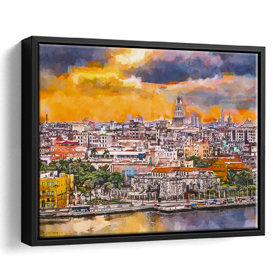 Havana Cuba Downtown Skyline Dusk City Art Watercolor Framed Canvas Prints Wall Art Home Decor,Floating Frame