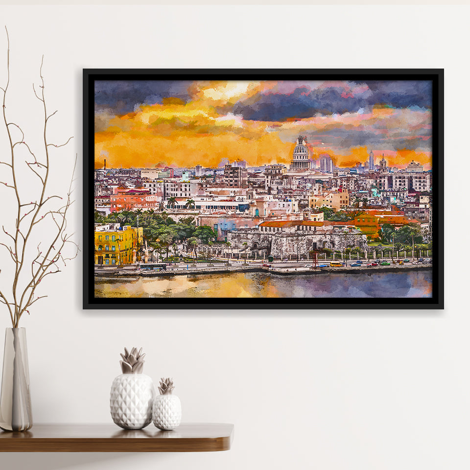Havana Cuba Downtown Skyline Dusk City Art Watercolor Framed Canvas Prints Wall Art Home Decor,Floating Frame
