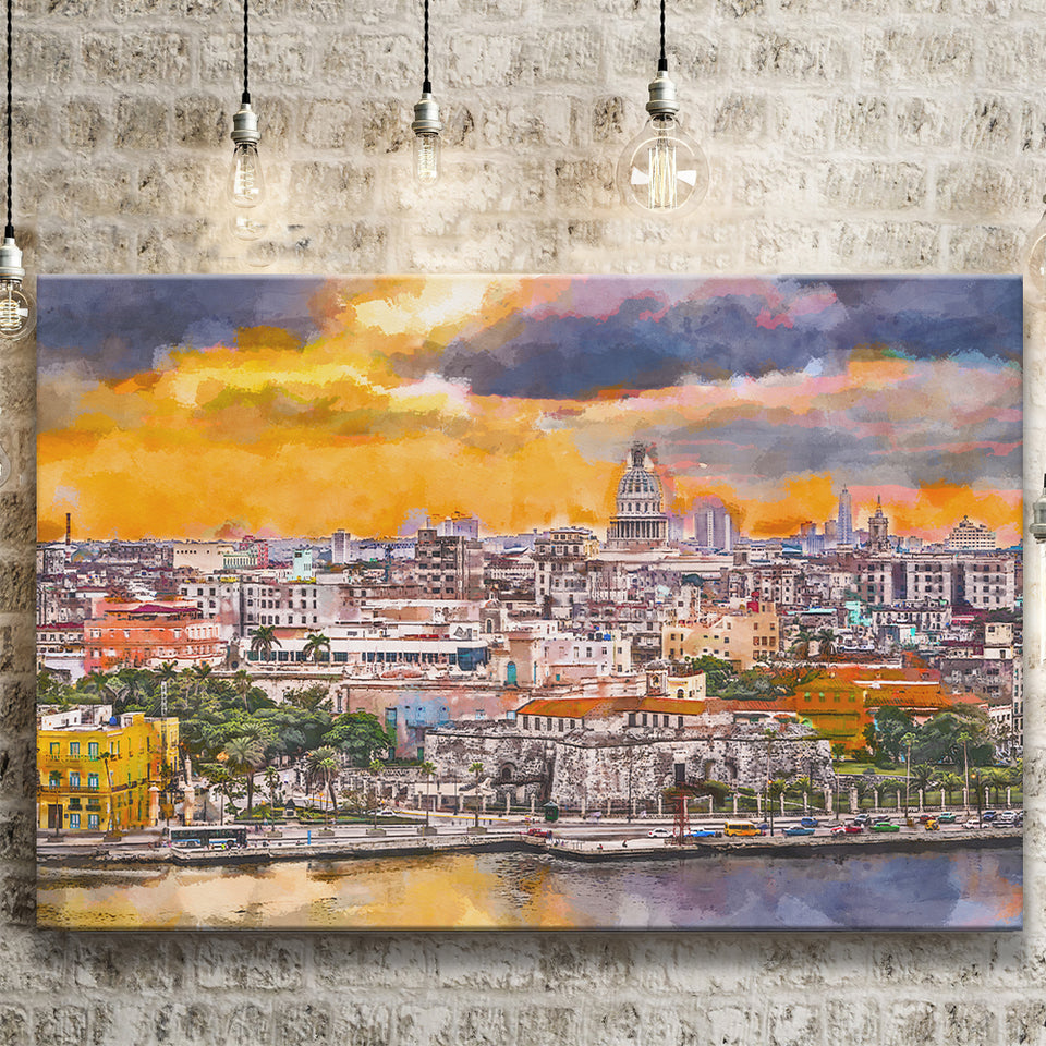 Havana Cuba Downtown Skyline Dusk City Art Watercolor Canvas Prints Wall Art Home Decor, Large Canvas