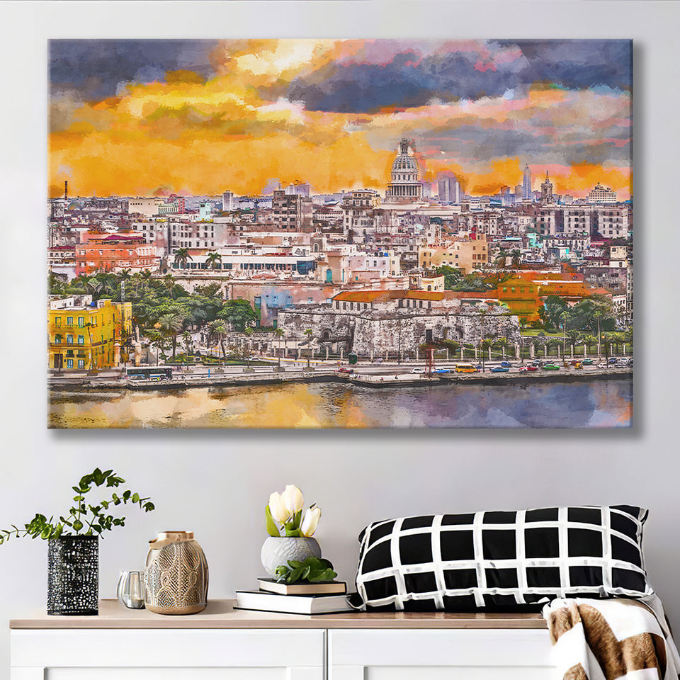 Havana Cuba Downtown Skyline Dusk City Art Watercolor Canvas Prints Wall Art Home Decor, Large Canvas
