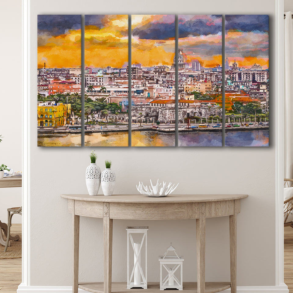 Havana Cuba Downtown Skyline Dusk 5 Pieces Extra Large Canvas Prints Wall Art Home Decor