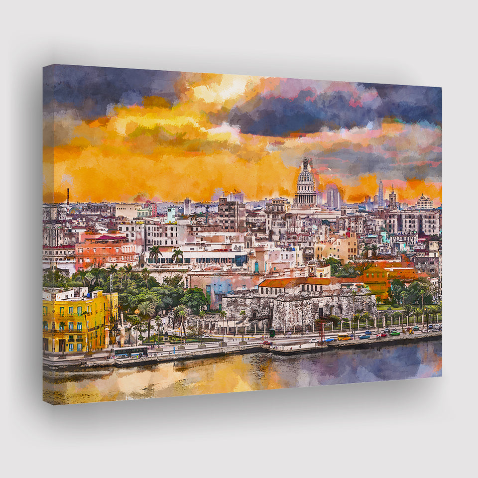 Havana Cuba Downtown Skyline Dusk City Art Watercolor Canvas Prints Wall Art Home Decor, Large Canvas