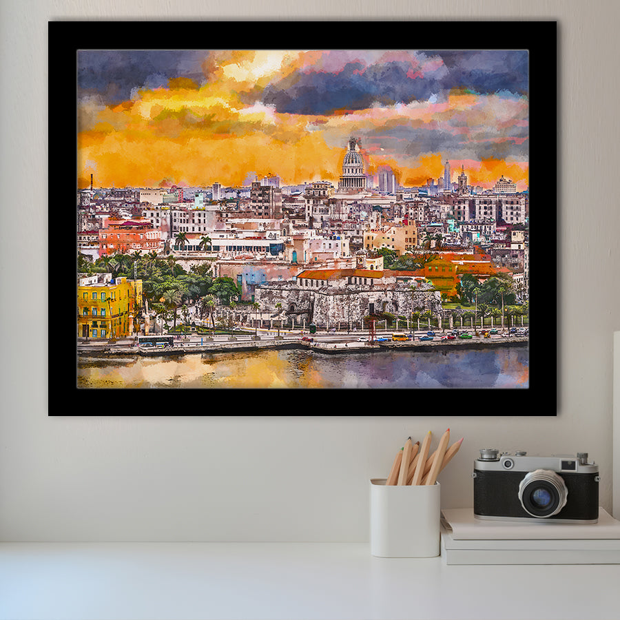 Havana Cuba Downtown Skyline Dusk City Art Watercolor Framed Art Prints Wall Art Decor,Framed Picture