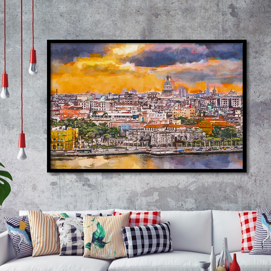 Havana Cuba Downtown Skyline Dusk City Art Watercolor Framed Art Prints Wall Art Decor,Framed Picture