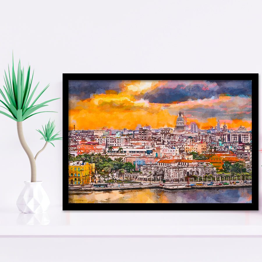 Havana Cuba Downtown Skyline Dusk City Art Watercolor Framed Art Prints Wall Art Decor,Framed Picture