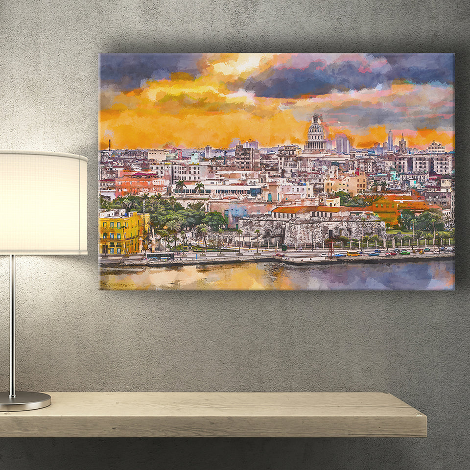 Havana Cuba Downtown Skyline Dusk City Art Watercolor Canvas Prints Wall Art Home Decor, Large Canvas