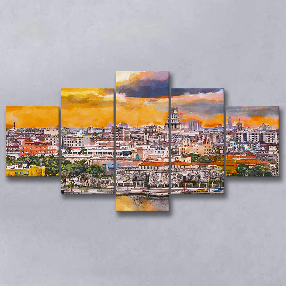 Havana Cuba Downtown Skyline Dusk 5 Pieces Mixed Canvas Prints Wall Art Home Decor