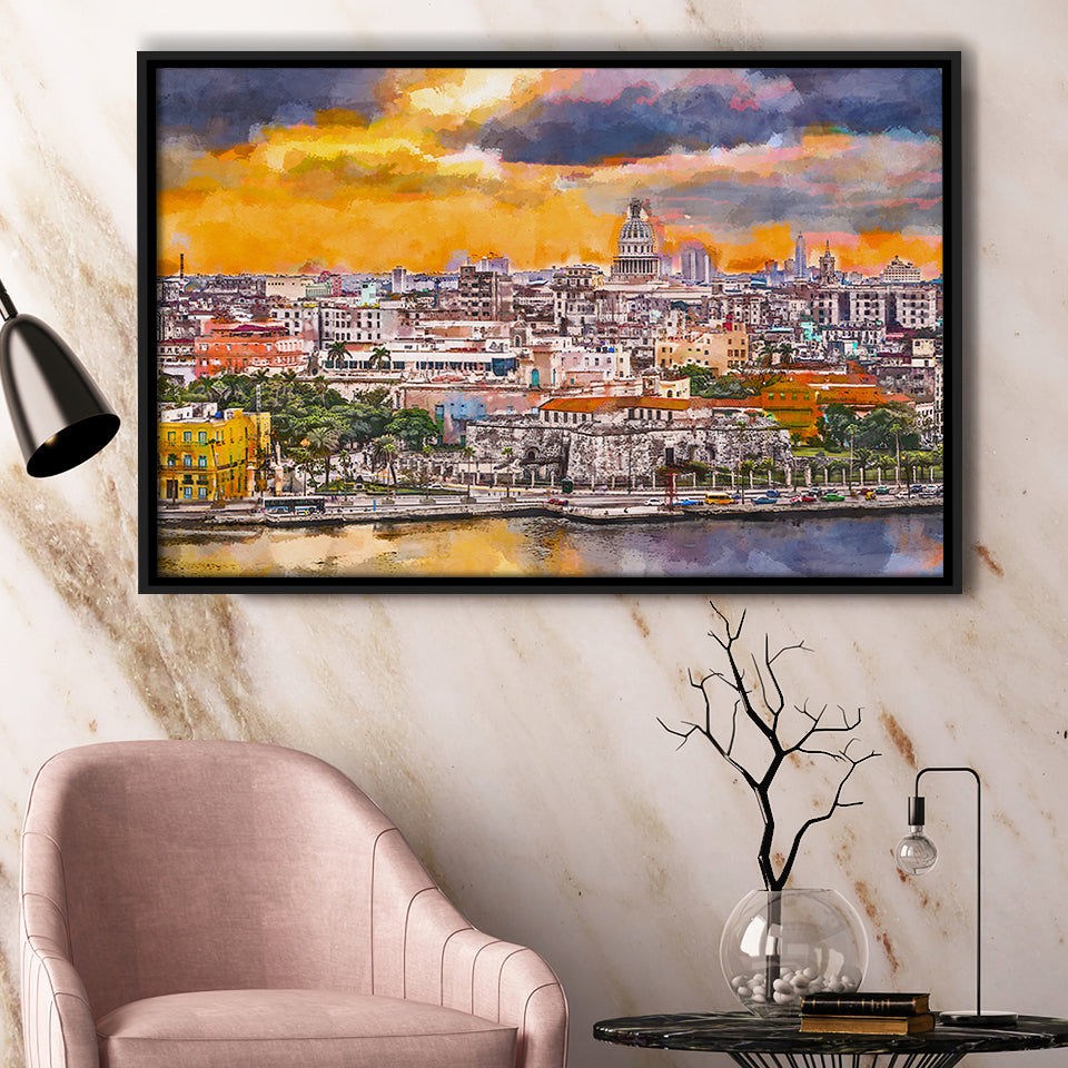 Havana Cuba Downtown Skyline Dusk City Art Watercolor Framed Canvas Prints Wall Art Home Decor,Floating Frame