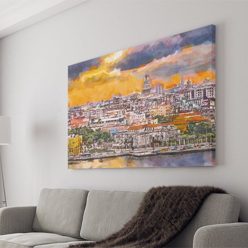 Havana Cuba Downtown Skyline Dusk City Art Watercolor Canvas Prints Wall Art Home Decor, Large Canvas