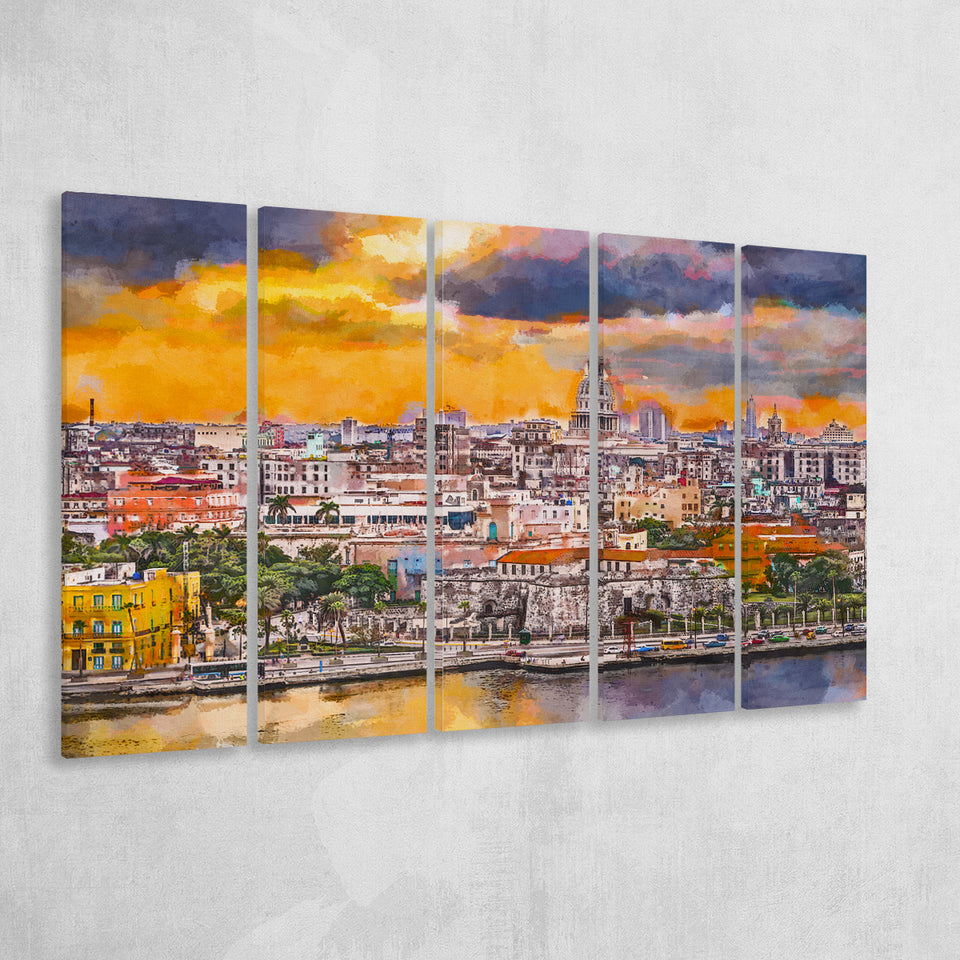 Havana Cuba Downtown Skyline Dusk 5 Pieces Extra Large Canvas Prints Wall Art Home Decor