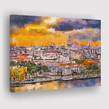 Havana Cuba Downtown Skyline Dusk City Art Watercolor Canvas Prints Wall Art Home Decor, Large Canvas