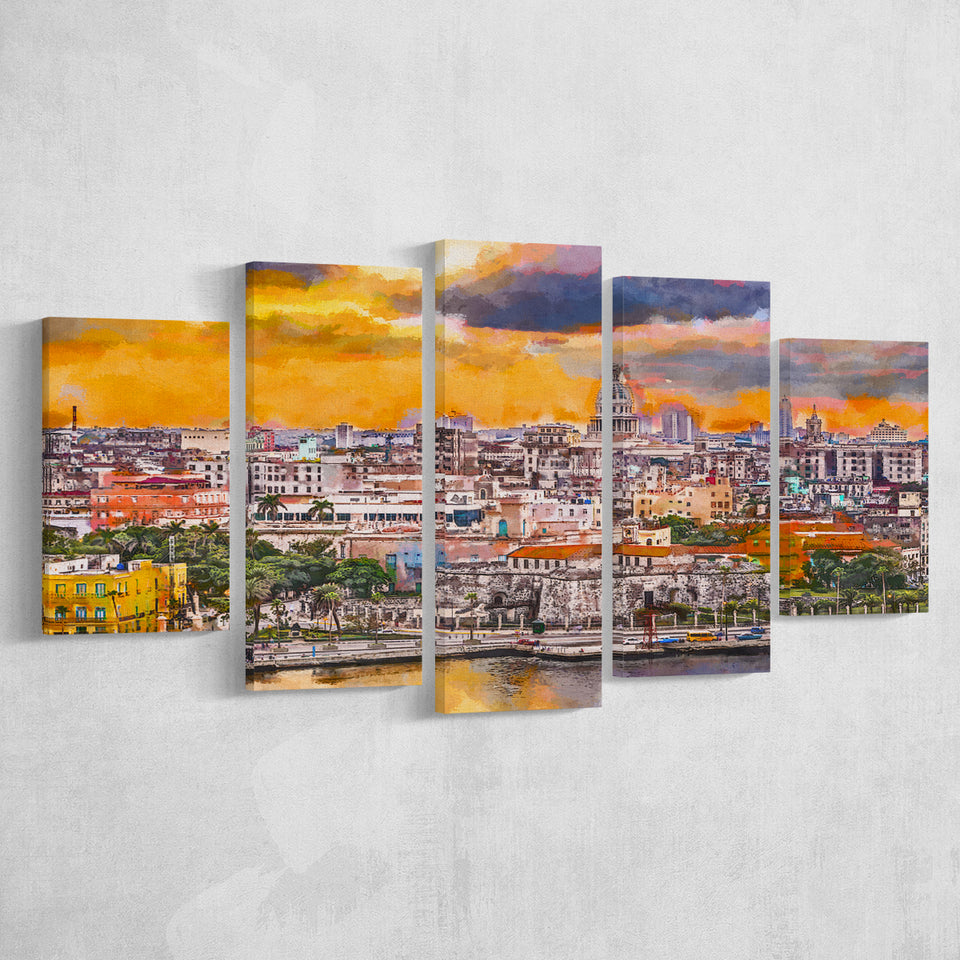 Havana Cuba Downtown Skyline Dusk 5 Pieces Mixed Canvas Prints Wall Art Home Decor