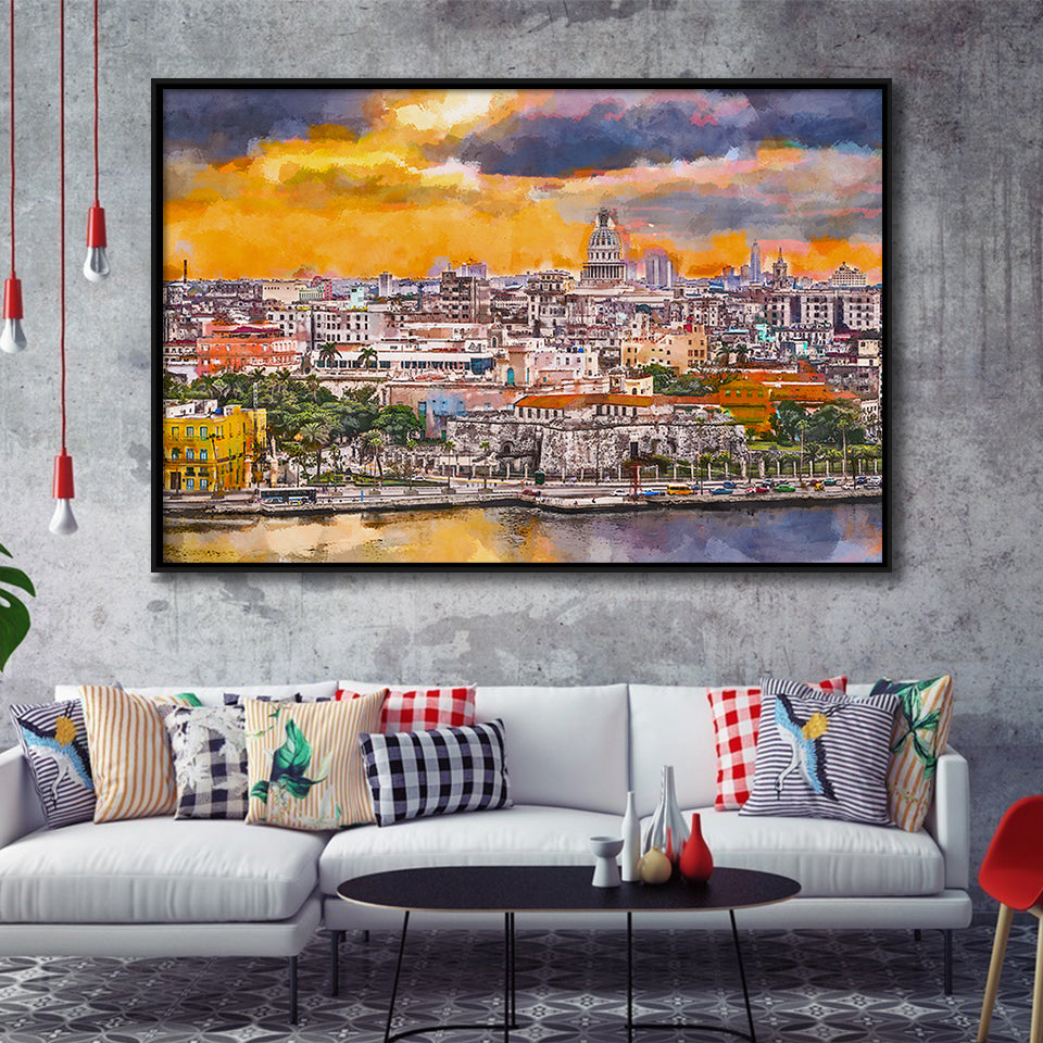 Havana Cuba Downtown Skyline Dusk City Art Watercolor Framed Canvas Prints Wall Art Home Decor,Floating Frame