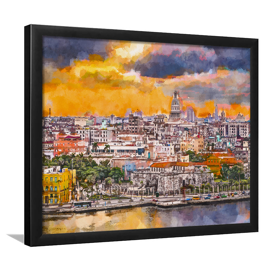 Havana Cuba Downtown Skyline Dusk City Art Watercolor Framed Art Prints Wall Art Decor,Framed Picture