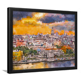 Havana Cuba Downtown Skyline Dusk City Art Watercolor Framed Art Prints Wall Art Decor,Framed Picture
