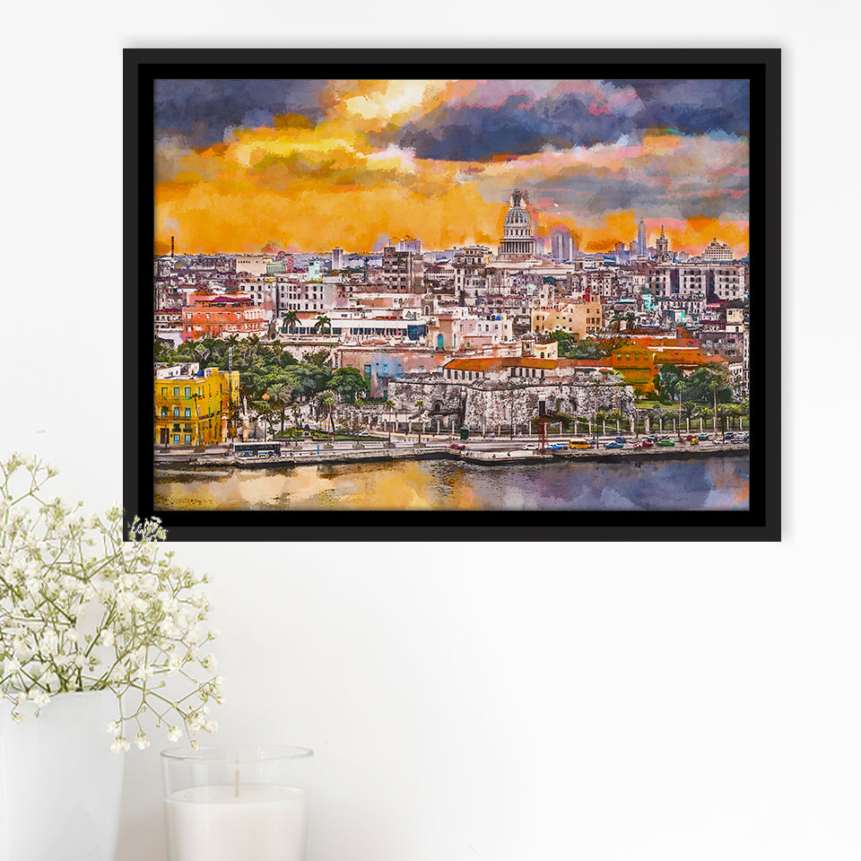 Havana Cuba Downtown Skyline Dusk City Art Watercolor Framed Canvas Prints Wall Art Home Decor,Floating Frame