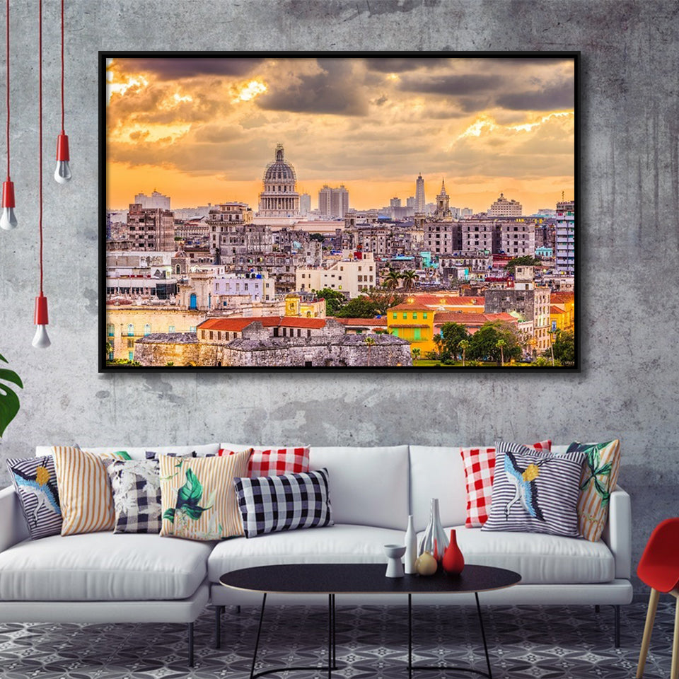 Havana Downtown, Havana Skyline Framed Canvas Prints Wall Art Decor, Black Floating Frame