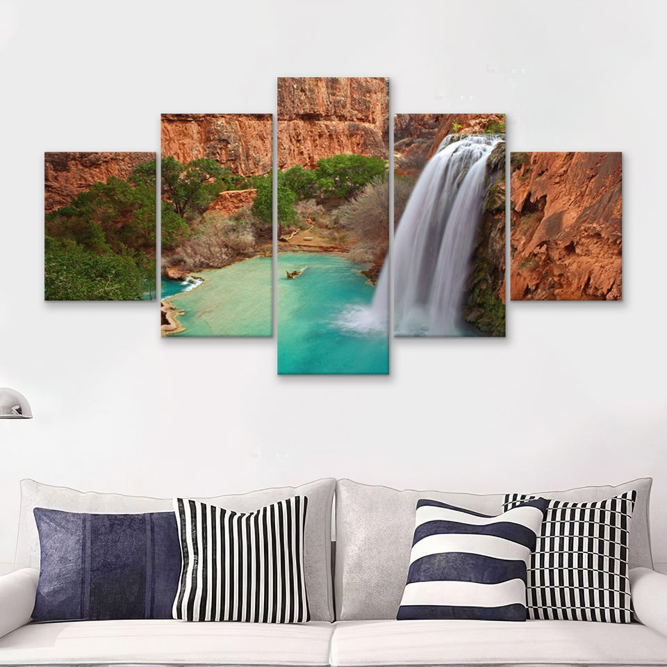 Havasu Falls Waterfall Mountain  5 Pieces Canvas Prints Wall Art - Painting Canvas, Multi Panels, 5 Panel, Wall Decor