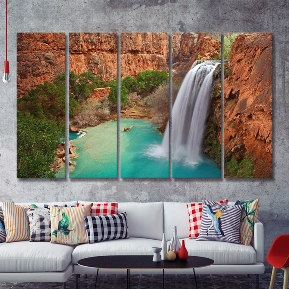 Havasu Falls Waterfall Mountain 5 Pieces B Canvas Prints Wall Art - Painting Canvas, Multi Panels,5 Panel, Wall Decor
