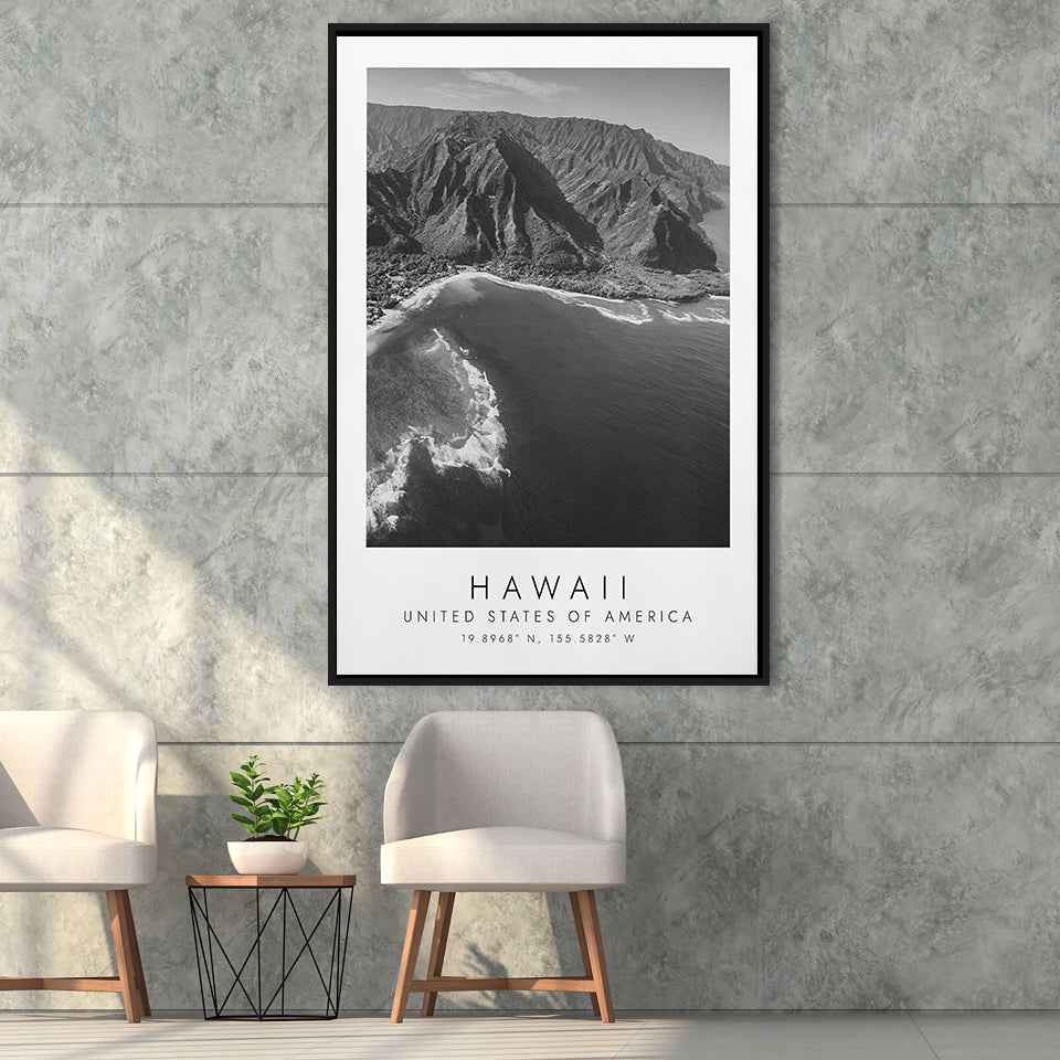 Hawaii Usa Black And White Art Framed Canvas Prints Wall Art Home Decor, Floating Frame